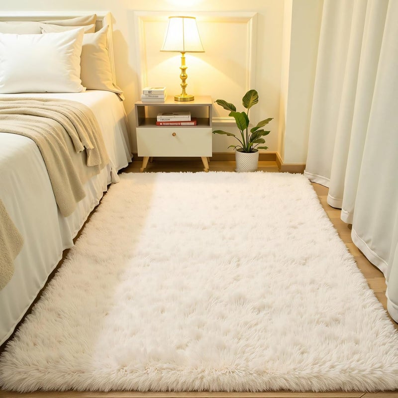 Softlife Area Rug for Bedroom, Fluffy Shag Plush Creamy Rugs for Living Room Girls, Shaggy Throw Soft Fuzzy Small Kids Carpet for Dorm Bedside Ultra Cozy Non-Slip Indoor Decor, 4x5.3 Feet - Image 1